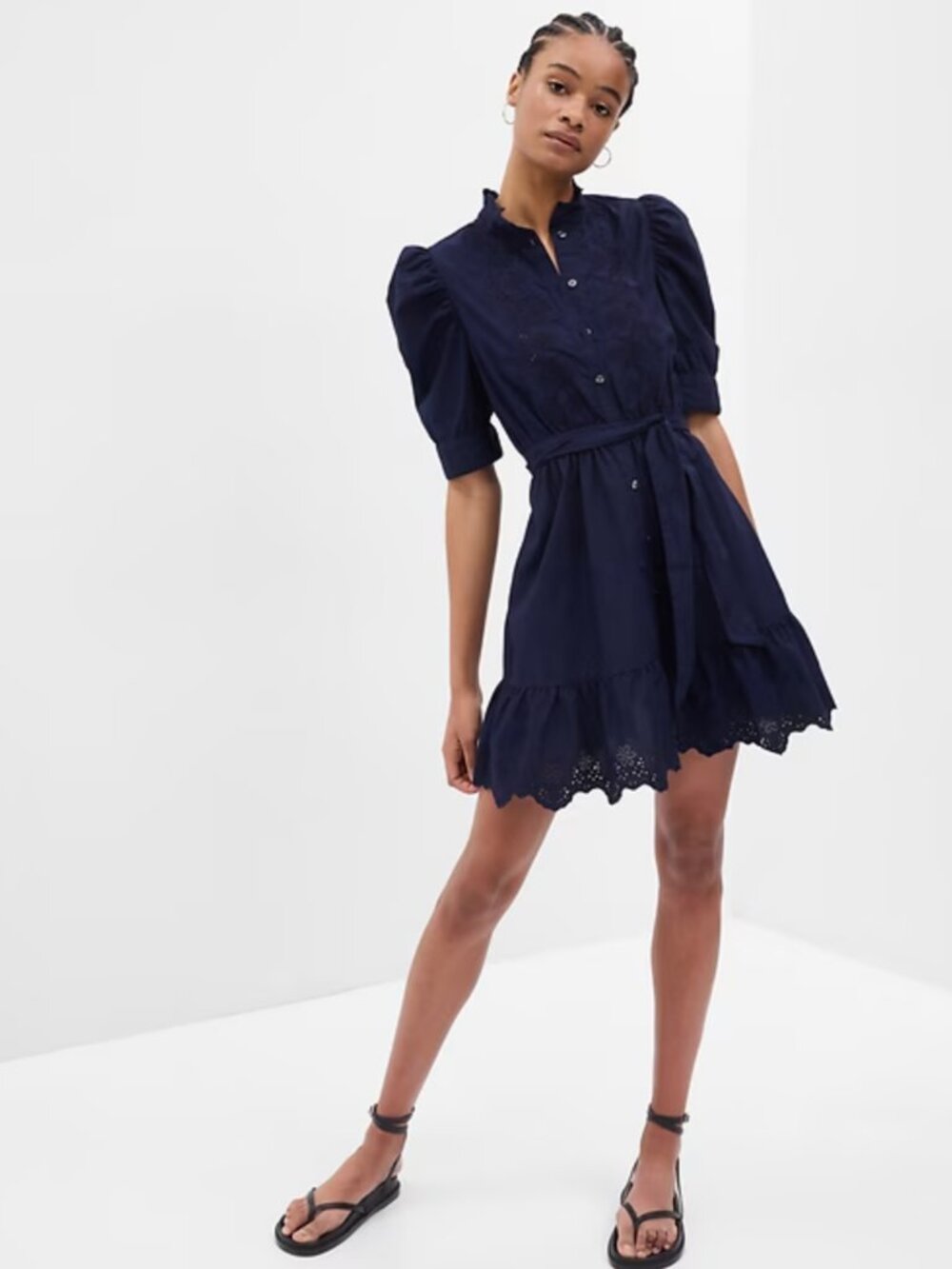Gap Navy Puff Sleeve Eyelet Mini Dress Small TALL 100% Cotton Cottagecore Preppy
